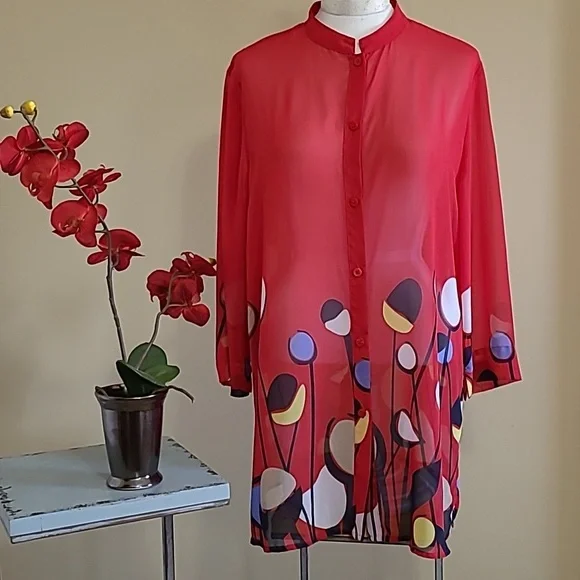 NEW Vintage Liz Baker Tunic Top Semi-sheer Chiffon Bright Red Poppies Print Lrge - Picture 9 of 9